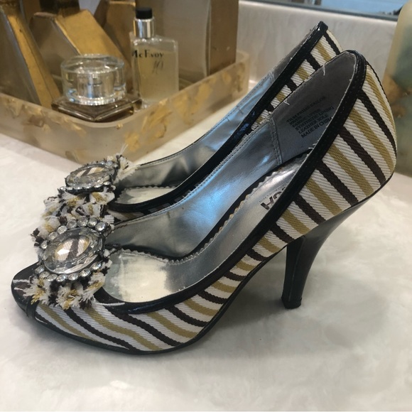 Tribeca peep-toe pumps, large rhinestone bling, white, gold, brown stripes, Sz 7 - Picture 2 of 13